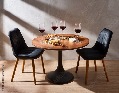 Mesa redonda de madera y tres sillas modernas y sobre la mesa tabla con salames quesos varios y frutos secos y dos copas de vino