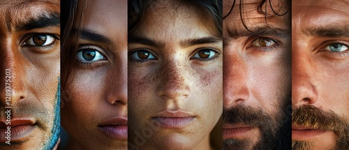 Faces of diverse individuals create a striking composition, each expression telling a unique story of life and strength. photo