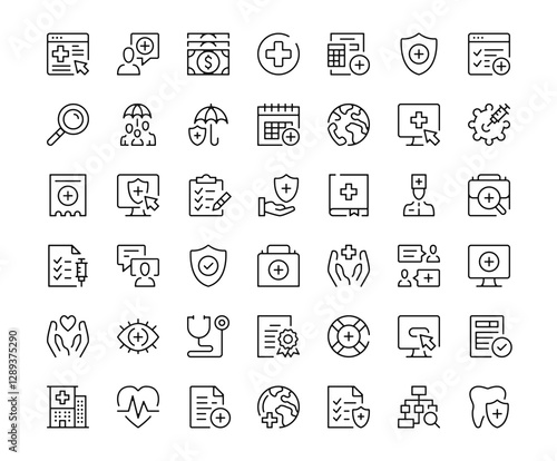 Health insurance icons. Outline symbols collection. Premium vector line icons set
