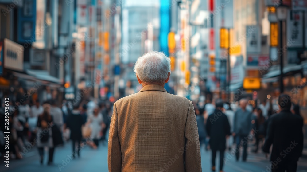 Elderly man walking through a crowded street, seen from behind, with a depth blur effect, a busy city background Elderly man walking through a crowded street, seen from behind, with a depth blur effect, a busy city background