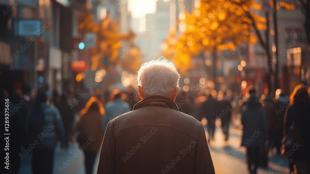 Fototapeta premium Elderly man walking through a crowded street, seen from behind, with a depth blur effect, a busy city background