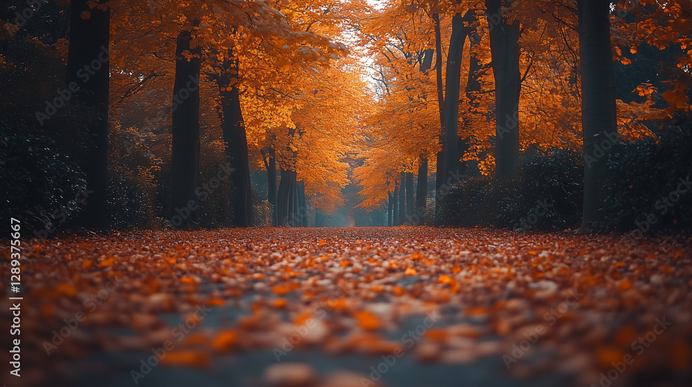 Fototapeta premium A tranquil path lined with vibrant orange and red autumn leaves, creating a picturesque fall scene in a serene forest.