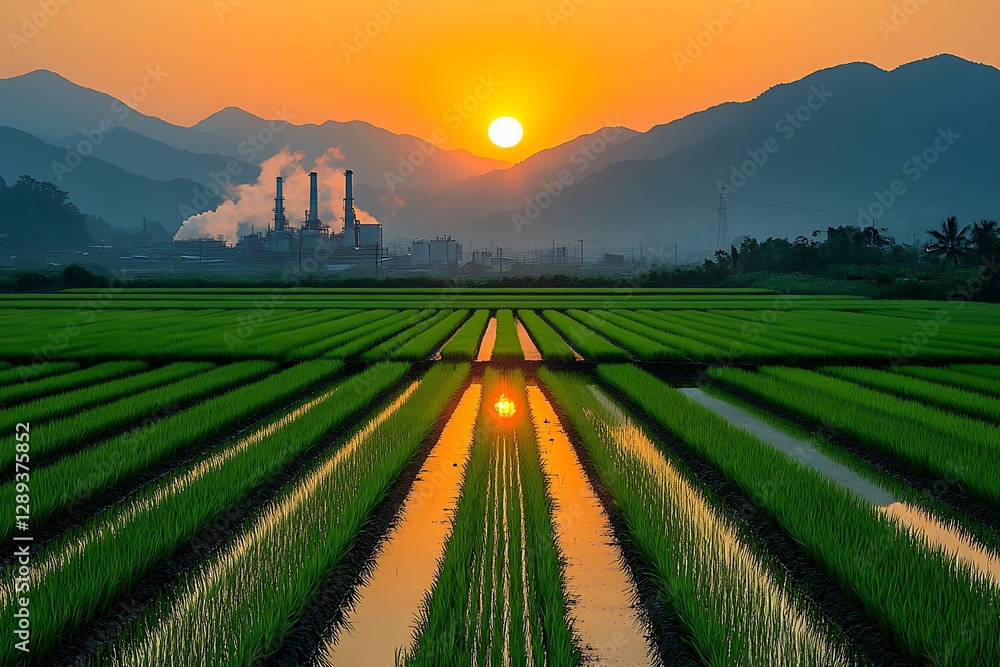 Obraz premium Sunrise over Rice Paddies and Factory