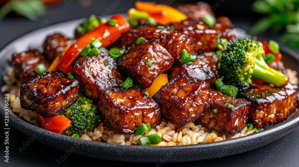 Vibrant Stir-Fried Tempeh with Vegetables and Brown Rice Served in a Bowl. Generative AI Vibrant Stir-Fried Tempeh with Vegetables and Brown Rice Served in a Bowl. Generative AI