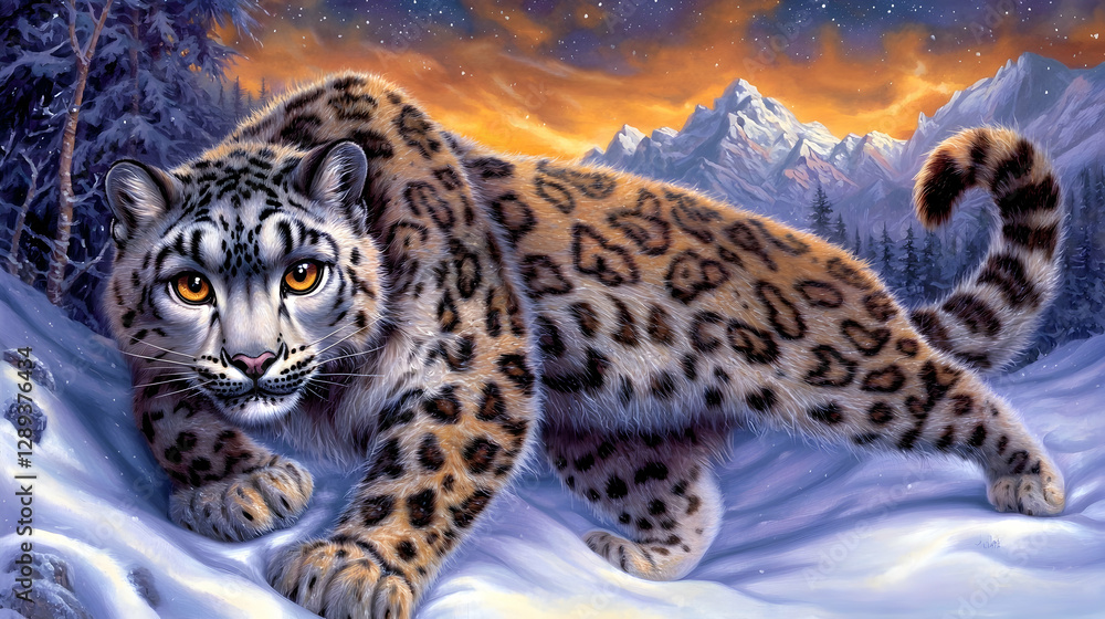 Fototapeta premium Majestic snow leopard stalking in snowy mountains at twilight, poster art