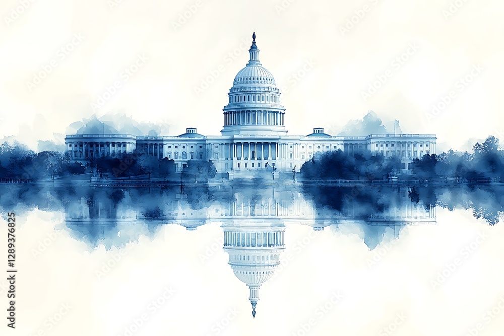 Fototapeta premium Watercolor Illustration of the US Capitol Building with Reflection