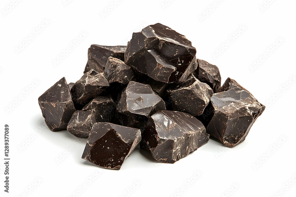 Delicious dark chocolate chunks close-up shot on a white background creating temptation Delicious dark chocolate chunks close-up shot on a white background creating temptation