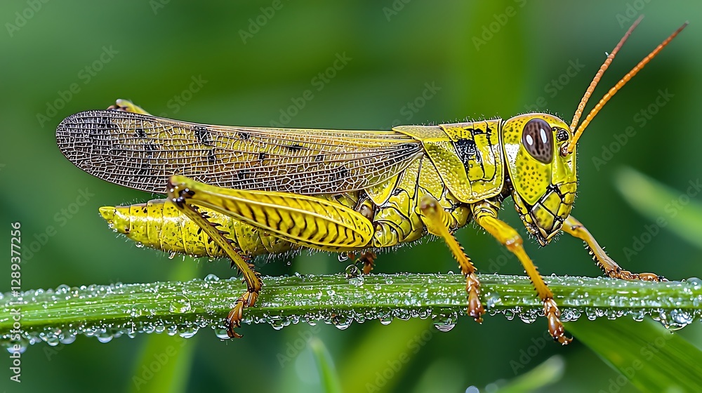 Fototapeta premium Close-up of a vibrant grasshopper perched on a dew-covered blade of grass in a field