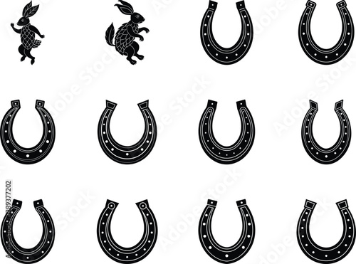 Rabbit and Horseshoe Design Set Black and White Vector Illustrations