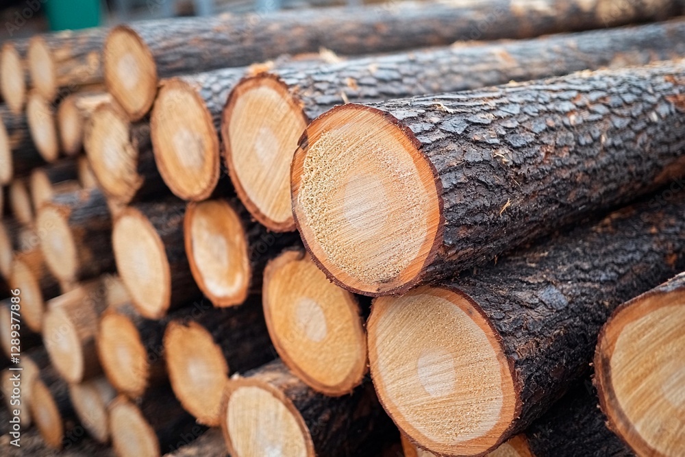 A collection of freshly cut logs is stacked in a lumber yard, showcasing natural wood grain patterns. Sunlight highlights the texture and color of the timber A collection of freshly cut logs is stacked in a lumber yard, showcasing natural wood grain patterns. Sunlight highlights the texture and color of the timber