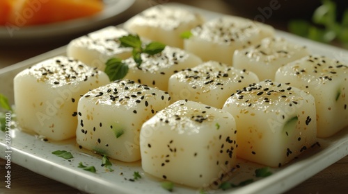 Sesame-sprinkled dessert cubes, kitchen table setting