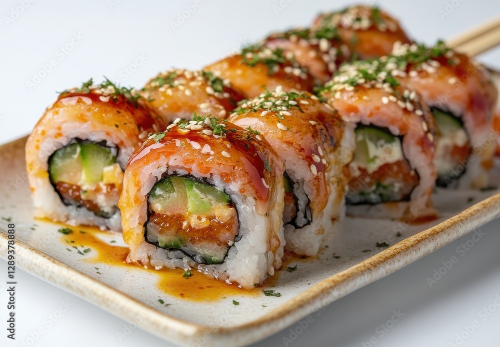 Fresh and Colorful Sushi Rolls with Sauce, Avocado, and Crab Meat Served on a Plate with Garnish for Culinary Presentation and Enjoyment Fresh and Colorful Sushi Rolls with Sauce, Avocado, and Crab Meat Served on a Plate with Garnish for Culinary Presentation and Enjoyment