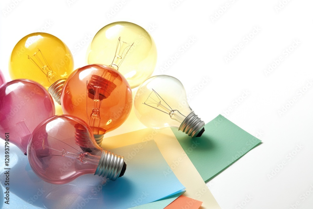 Colorful light bulbs arranged on pastel paper represent creativity, innovation, and new ideas. Colorful light bulbs arranged on pastel paper represent creativity, innovation, and new ideas.