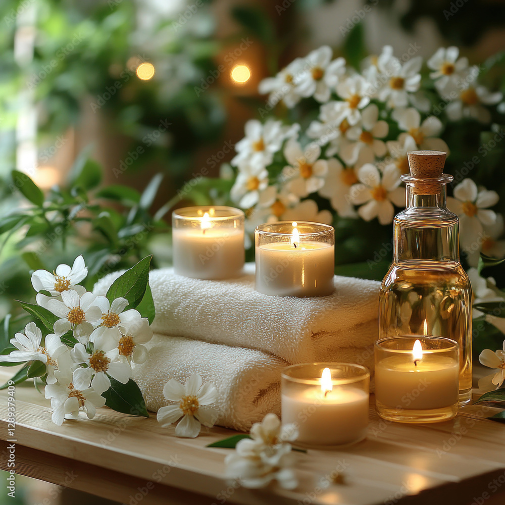 A relaxing spa composition that includes soft white towels, scented candles in glass cups, a bottle of essential oil and fresh jasmine flowers A relaxing spa composition that includes soft white towels, scented candles in glass cups, a bottle of essential oil and fresh jasmine flowers