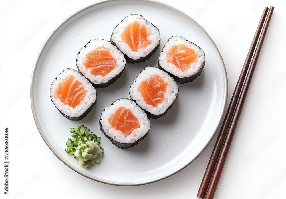 Fresh and Delicious Salmon Sushi Rolls on a Plate with Wasabi, Ginger, and Chopsticks Ready for Tasty Experience in Japanese Cuisine Fresh and Delicious Salmon Sushi Rolls on a Plate with Wasabi, Ginger, and Chopsticks Ready for Tasty Experience in Japanese Cuisine