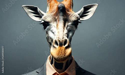 A close-up portrait of a giraffe with detailed fur texture against a neutral gray background. Concept of wildlife and nature