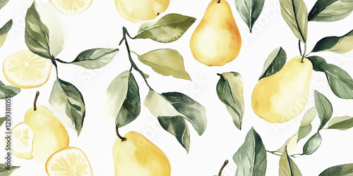 Seamless repetitive pattern background of fresh pear and lemons, Colorful fruit pattern, for textiles, packaging, wallpapers, invitations, and branding