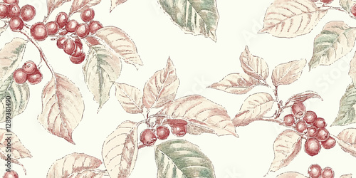 Botanical vintage seamless vector pattern with coffee branches berries and beans, for textiles, packaging, wallpapers, invitations, and branding