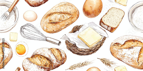 Bakery elements seamless pattern. Cake with various baking utensils for packaging, textiles, kitchen decor, branding, and healthy lifestyle