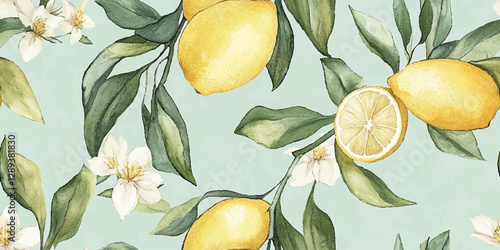 Lemon fruits tropical summer Vintage seamless vector pattern with watercolor style illustration
