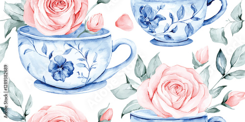 Vintage teacup and rose seamless pattern. Elegant floral repeat background for tea party, fabric, textiles, packaging, wallpapers, invitations, and branding
