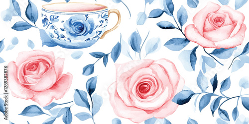 Vintage teacup and rose seamless pattern. Elegant floral repeat background for tea party, fabric, textiles, packaging, wallpapers, invitations, and branding