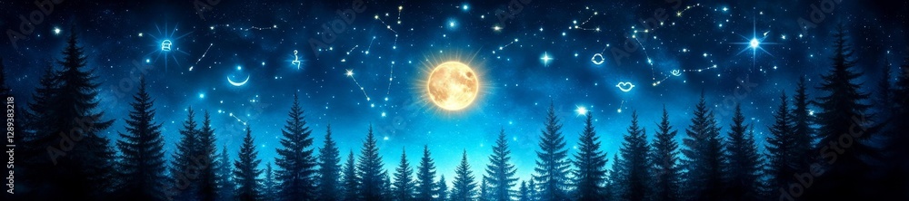 Naklejka premium A Bright Full Moon Over a Forest with Zodiac Constellations in the Starry Sky. Generative AI