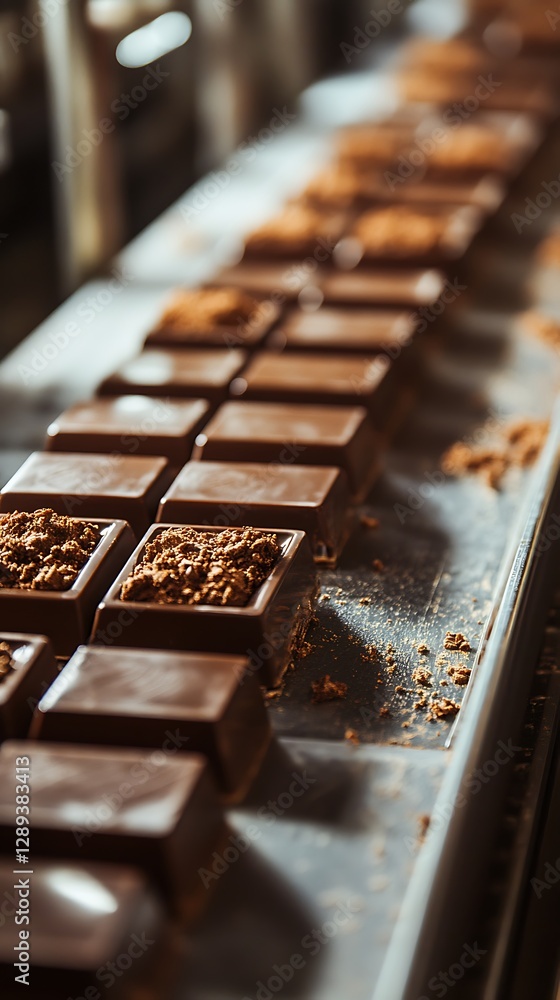 Chocolate bars on conveyor belt, factory Chocolate bars on conveyor belt, factory