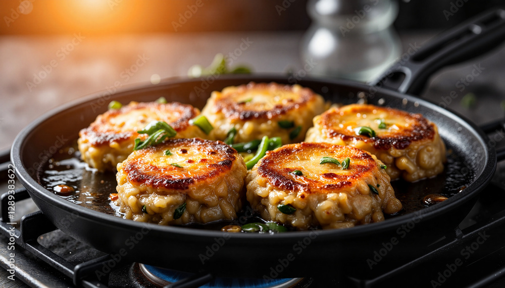 Delicious kibbeh sizzling in frying pan, cozy kitchen atmosphere Delicious kibbeh sizzling in frying pan, cozy kitchen atmosphere