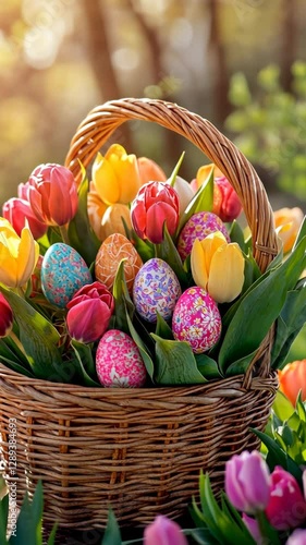 Vibrant spring basket with tulips and colorful easter eggs in blooming garden
