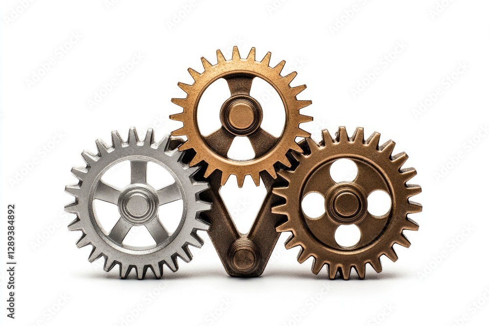 Three interconnected gears, silver and bronze, symbolize teamwork, collaboration, and synchronized processes. Three interconnected gears, silver and bronze, symbolize teamwork, collaboration, and synchronized processes.