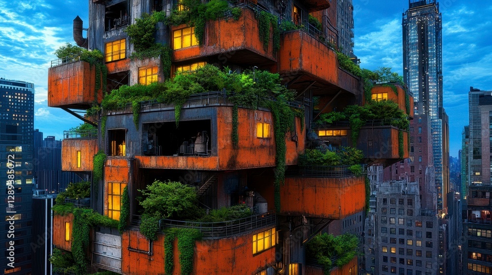 Fototapeta premium Futuristic urban dwelling featuring green architecture with nature integrated into a towering structure at dusk