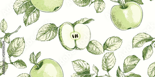 Vintage apple orchard seamless pattern. Hand-drawn botanical repeat background with fruits and leaves for autumn design, kitchen, fabric, textiles, packaging, wallpapers, invitations, and branding