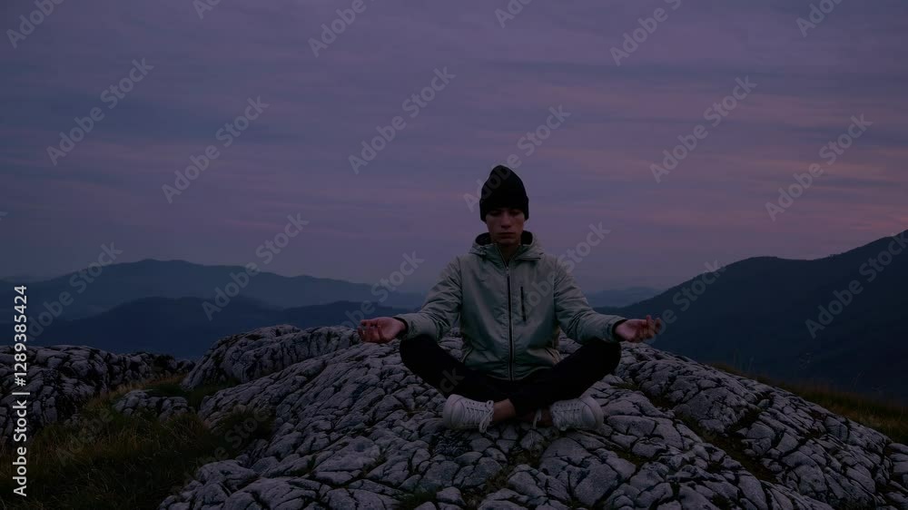 A serene video still of a person meditating on rocky terrain at sunset. Captured from a low angle, emphasizing tranquility and natural beauty. A serene video still of a person meditating on rocky terrain at sunset. Captured from a low angle, emphasizing tranquility and natural beauty.
