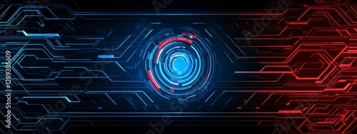 Futuristic abstract digital background featuring intricate circuit patterns and illuminated central elements in contrasting red and blue tones