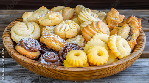 Assorted cookies in a wooden bowl on a rustic table photo