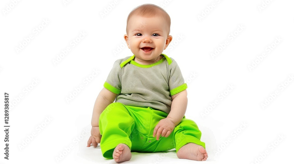 A cute baby boy wearing a grey top and green pants A cute baby boy wearing a grey top and green pants