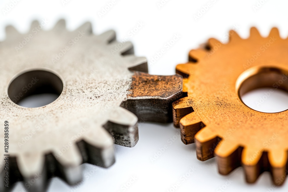 Two metallic gears, one silver, one gold, interlocked, showing teamwork and collaboration. Two metallic gears, one silver, one gold, interlocked, showing teamwork and collaboration.
