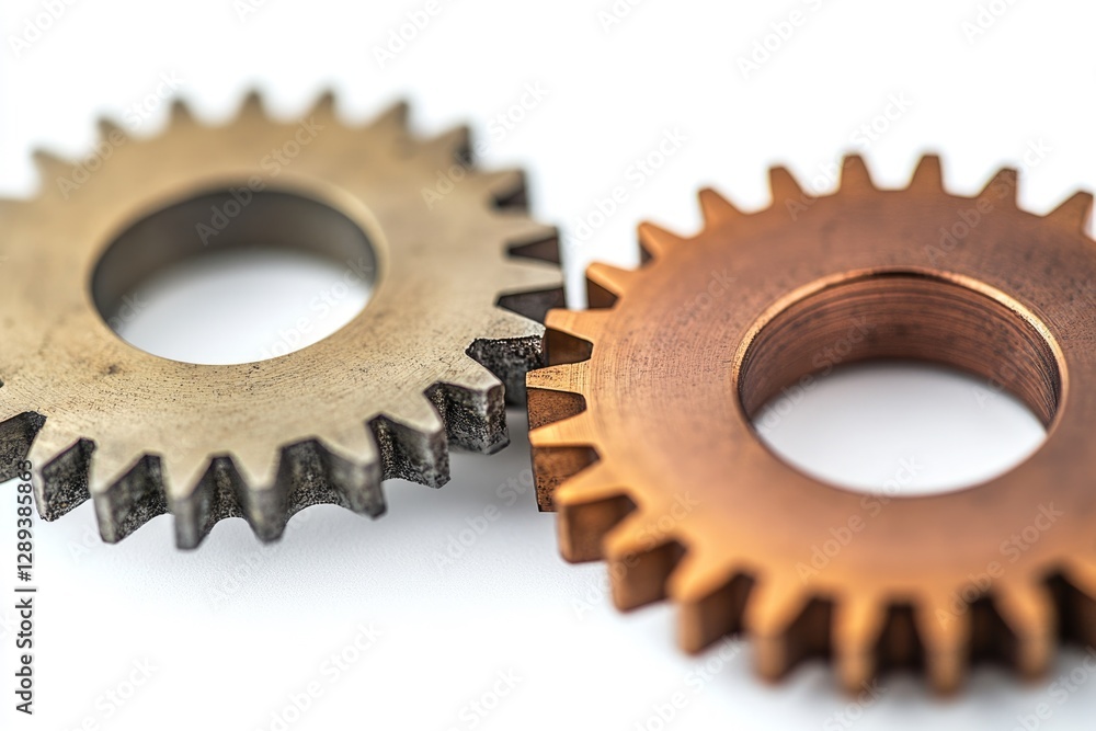 Two metallic gears, one bronze and one silver, interlock, symbolizing teamwork and synergy. Two metallic gears, one bronze and one silver, interlock, symbolizing teamwork and synergy.