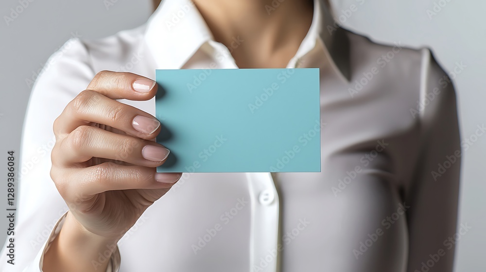 A professional lady presenting a plain blue business card, corporate solid white background. A professional lady presenting a plain blue business card, corporate solid white background.