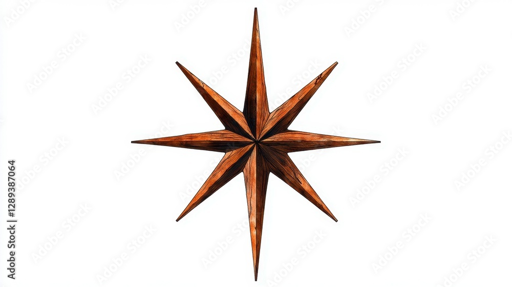 Intricate wooden star decoration resembling a nautical compass rose with eight elongated points on a white background Intricate wooden star decoration resembling a nautical compass rose with eight elongated points on a white background