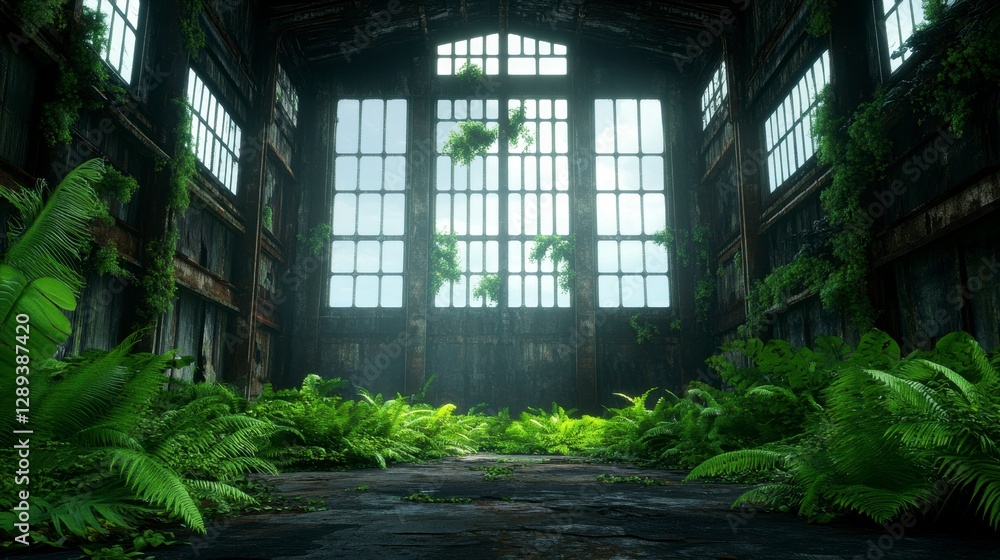 Abandoned warehouse transformed into a lush indoor garden filled with vibrant ferns and natural light streaming through large windows Abandoned warehouse transformed into a lush indoor garden filled with vibrant ferns and natural light streaming through large windows