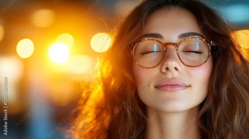 Smiling woman wearing glasses enjoying the warmth of sunlight in a peaceful office atmosphere. Generative AI Smiling woman wearing glasses enjoying the warmth of sunlight in a peaceful office atmosphere. Generative AI