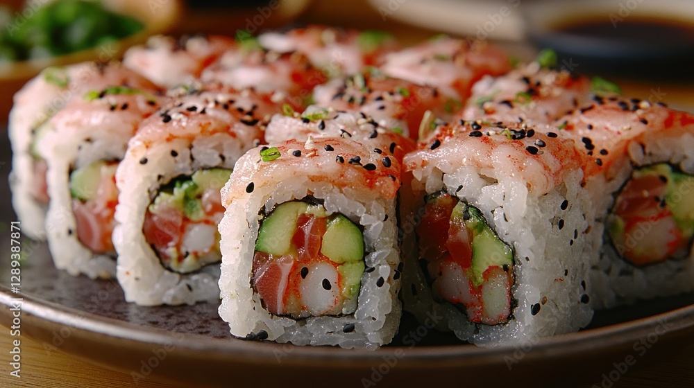 Spicy tuna sushi roll restaurant table closeup Spicy tuna sushi roll restaurant table closeup