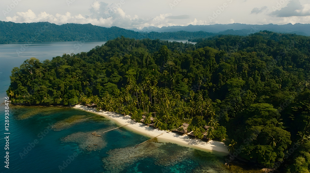 Aerial view of tropical island beach, lush jungle, clear ocean, distant mountains; tourism brochure Aerial view of tropical island beach, lush jungle, clear ocean, distant mountains; tourism brochure