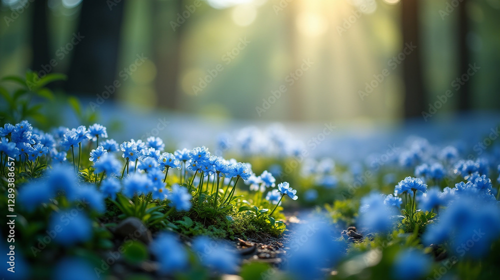 Obraz premium Forget-me-nots carpeting the forest floor in soft blue hues