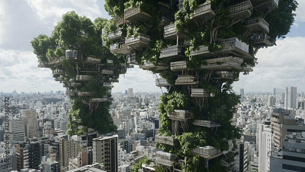 Obraz premium Futuristic tree-houses over city skyline