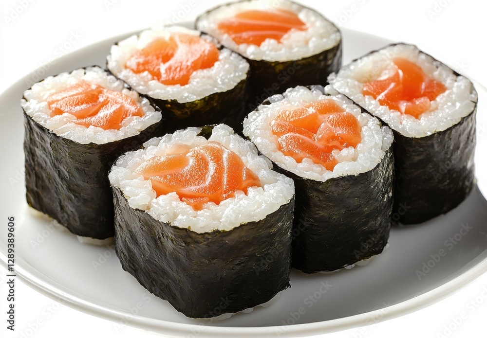 Fresh salmon sushi rolls arranged on a white plate showcasing vibrant colors and delicate textures, perfect for food lovers and culinary enthusiasts Fresh salmon sushi rolls arranged on a white plate showcasing vibrant colors and delicate textures, perfect for food lovers and culinary enthusiasts