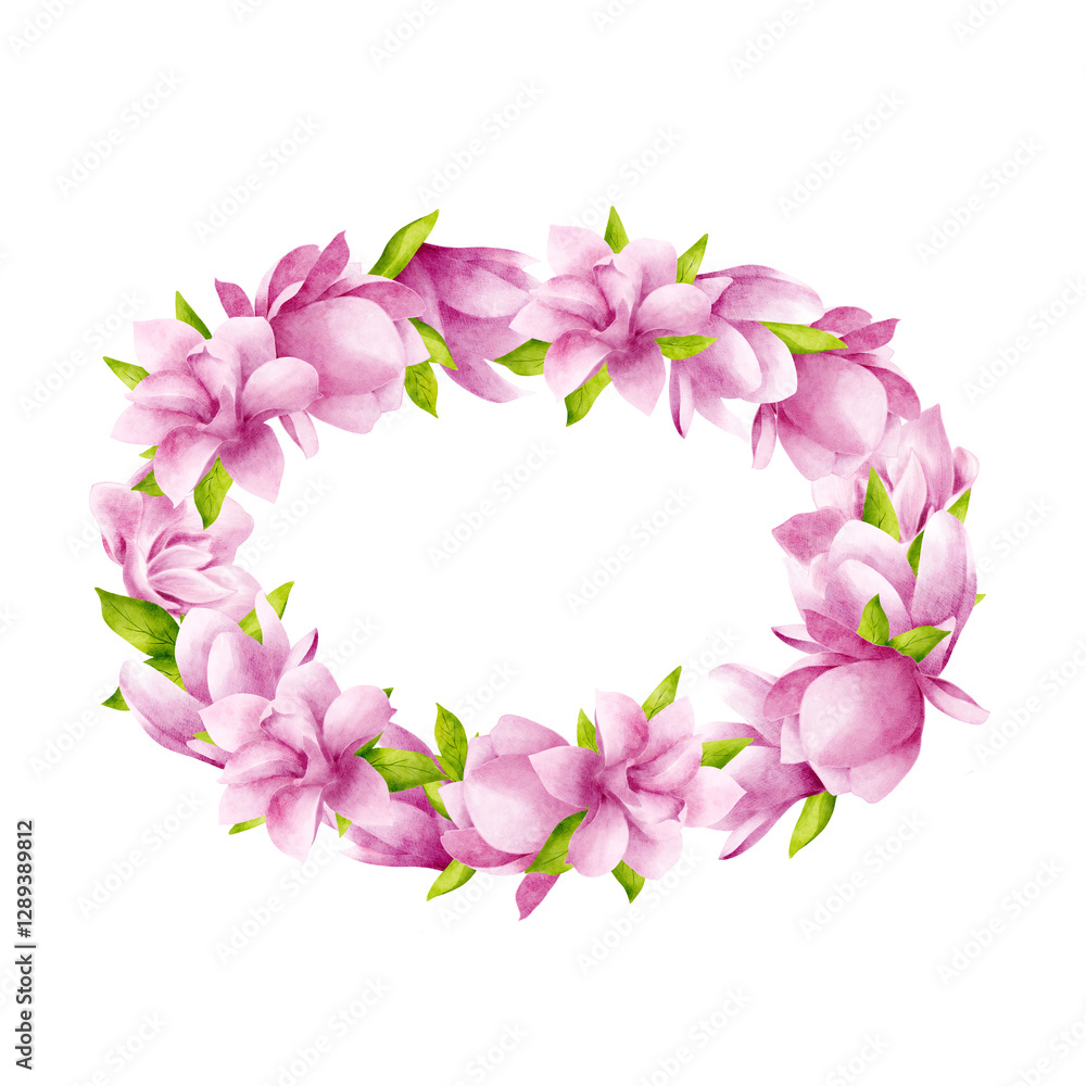 Wreath, round frame of pink magnolias with leaves on a white background empty for text. Hand drawn watercolor illustration. Suitable for the design of cards, invitations for celebrations. Wreath, round frame of pink magnolias with leaves on a white background empty for text. Hand drawn watercolor illustration. Suitable for the design of cards, invitations for celebrations.