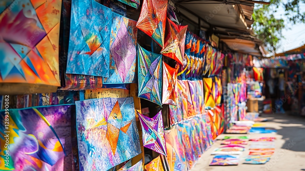 Fototapeta premium In the kite market the amount of colorful kites of different sizes is set against the wall